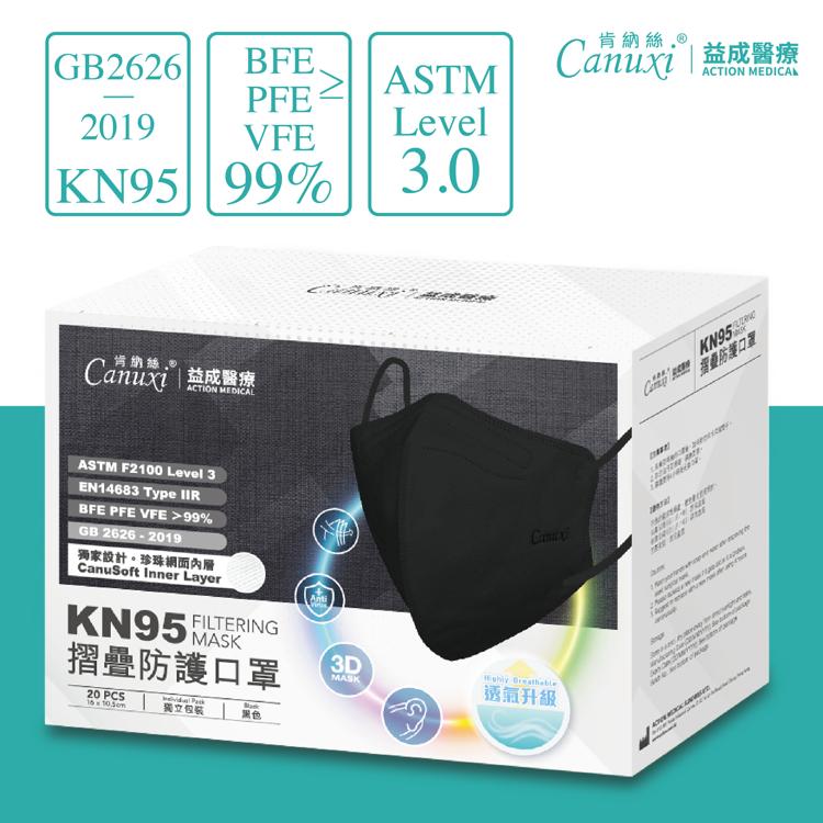 Canuxi KN95 Level 3 高透氣摺疊防護成人黑色口罩 (20片獨立包裝)